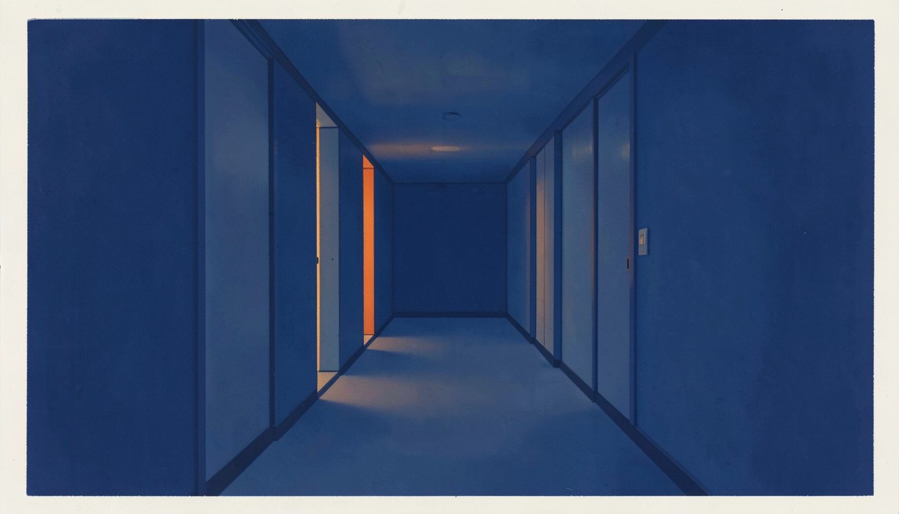 A matte gouache poster painting of a quiet steel-blue office corridor with warm orange accent light, minimal and orderly in composition