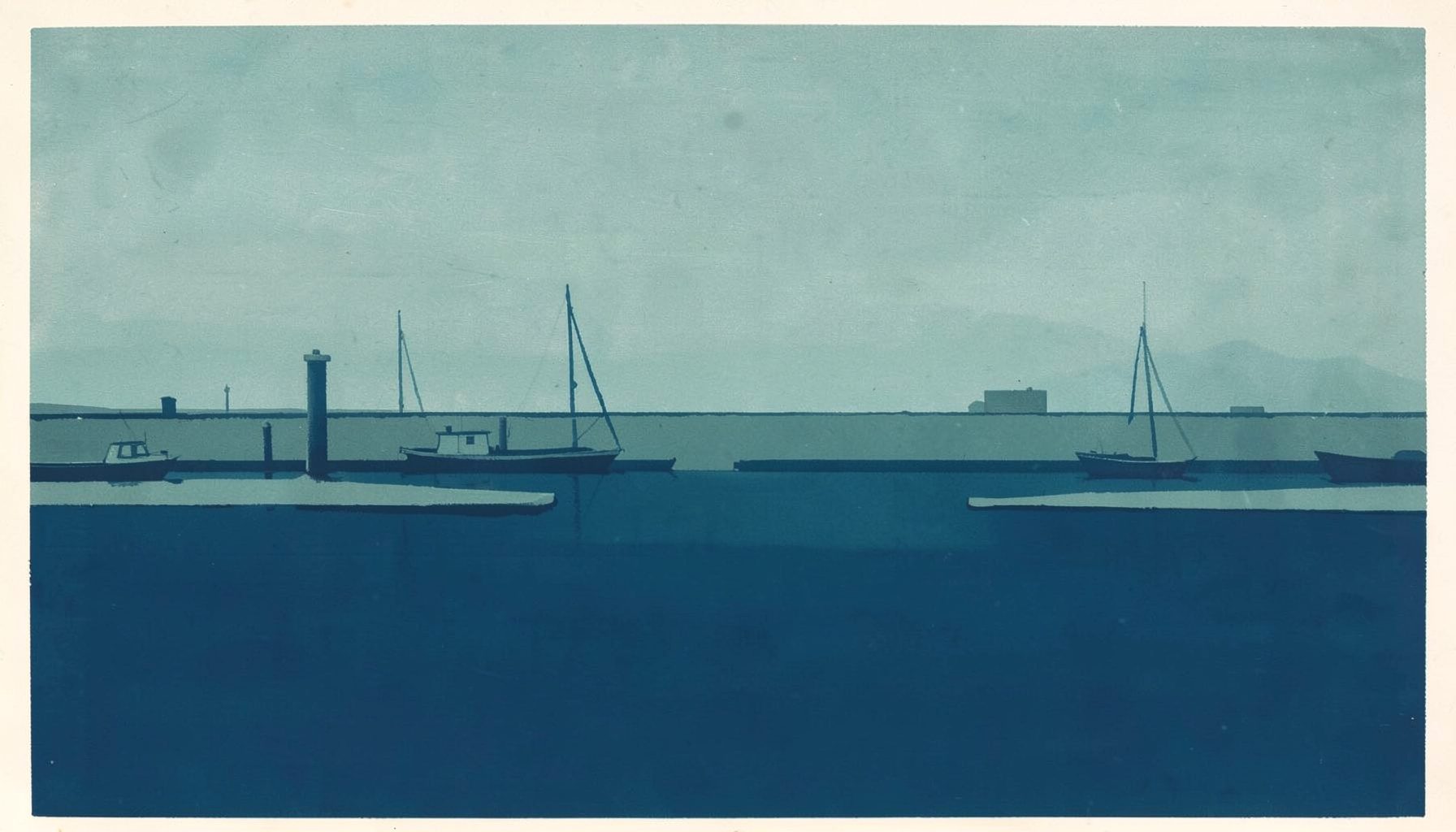A matte gouache poster painting of a tidy harbor scene in muted teal and grey-blue tones, with simple boat shapes and a calm overcast sky