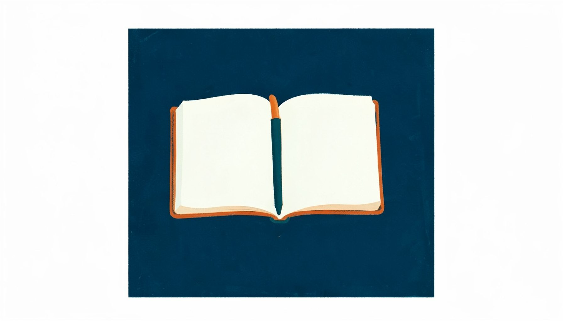 A matte gouache poster painting of an open notebook and pen rendered in deep teal and warm orange tones on a plain white surface, calm and minimal