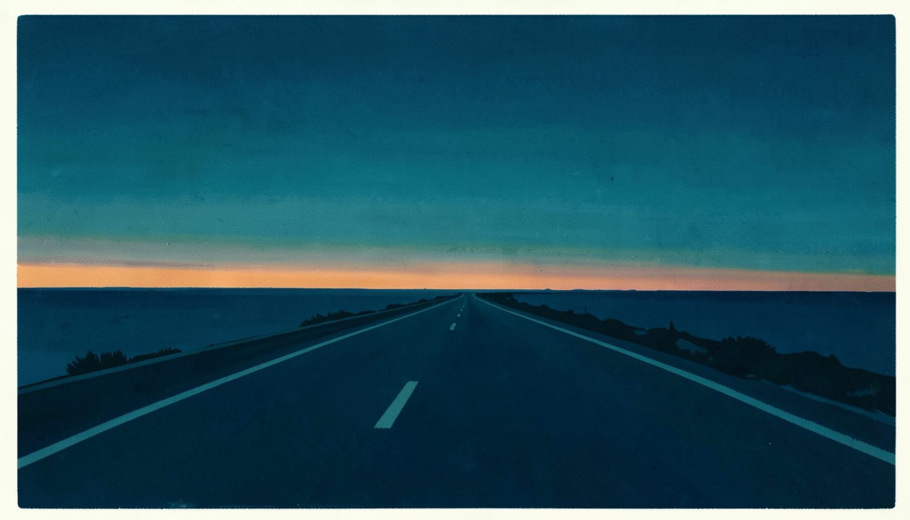 A wide matte gouache poster painting of a calm coastal roadway at dusk, rendered in deep teal blues and soft warm orange light along the horizon, evoking a steady and orderly mood